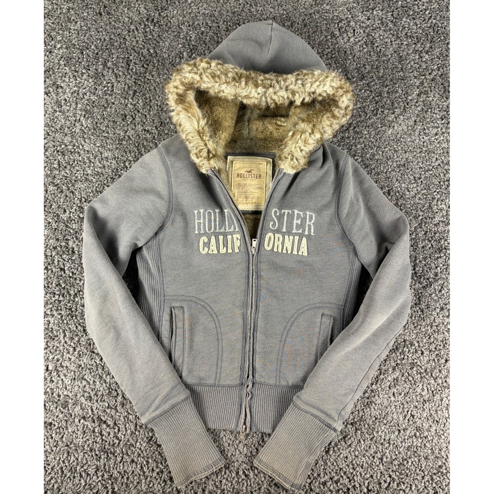Hollister California Faux Fur Lined Hoodie Grey Y2K Wolf Jaw Zip Up Large